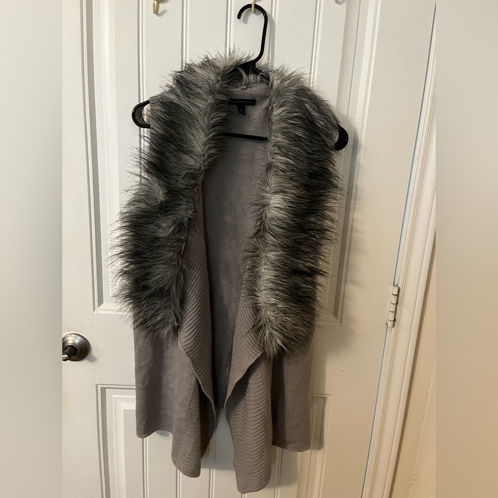 Gray faux fur long sweater vest